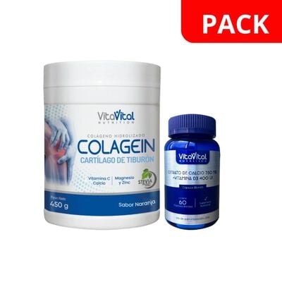 VitaVital Colagein Sabor Naranja Frasco 450 G & Citrato de Calcio 750 Mg + Vit D3 400 UI - Pack 2 UN