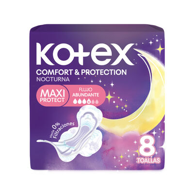 Toallas Higi&eacute;nicas Nocturnas Kotex Maxi Protect Alas 8 Un
