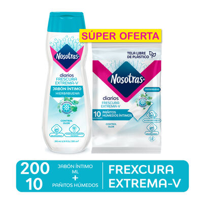 Nosotras Jab&oacute;n Intimo Fresh Extremo + Pa&ntilde;itos - Frasco 200 ML