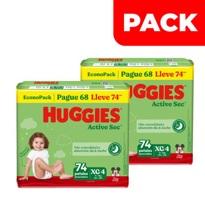 D&uacute;o Pack Pa&ntilde;al Huggies Active Sec EconoPack Talla XG - Bolsa 74 UN