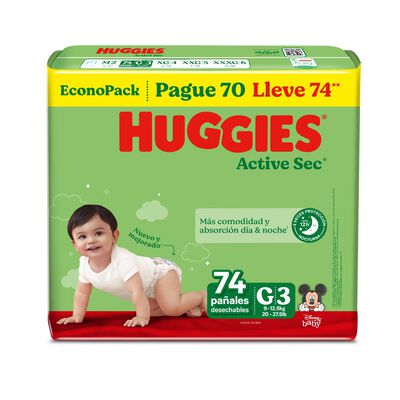 Pa&ntilde;al Huggies Active Sec EconoPack Talla G - Bolsa 74 UN