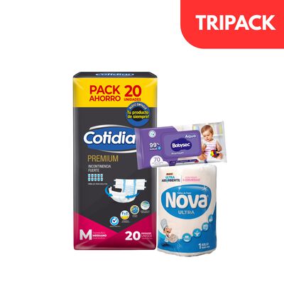 Pa&ntilde;al Cotidian Premium Talla M 20 UN & Toalla Nova & Toallitas H&uacute;medas Babysec Premium - Pack 3 UN