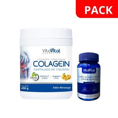 VitaVital Colagein Sabor Maracuya Frasco 450 G + Citrato de Calcio 750 Mg - Pack 2 UN