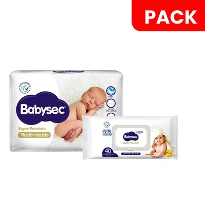 Pa&ntilde;al Babysec Reci&eacute;n Nacido Bolsa 20 UN & Toallitas H&uacute;medas Super Premium - Pack 2 UN