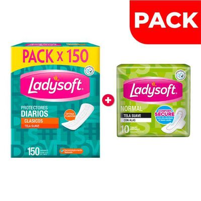 Pack Ladysoft Protectores Diarios 150 UN + Toalla Higi&eacute;nica Normal Tela 10 UN
