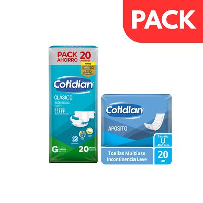 Pa&ntilde;al Cotidian Cl&aacute;sico Talla G Bolsa 20 UN & Toallas Multiuso Ap&oacute;sito- Pack 2 UN