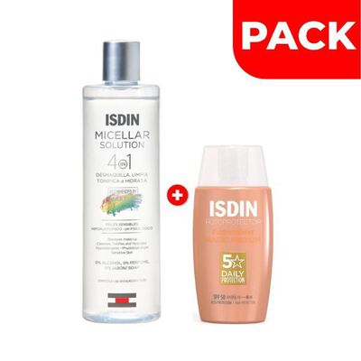 Isdin Micellar Solution 400 ML & Fotoprotector Fusion Water Magic con Color 50 ML - Pack 2 UN