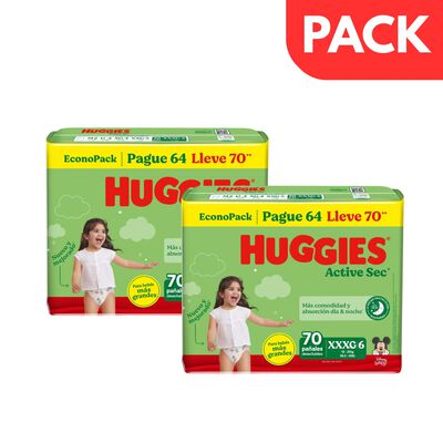 D&uacute;o Pack Pa&ntilde;al Huggies Active Sec EconoPack Talla XXXG - Bolsa 70 UN