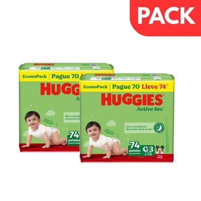 D&uacute;o Pack Pa&ntilde;al Huggies Active Sec EconoPack Talla G - Bolsa 74 UN