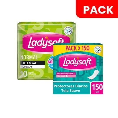 Ladysoft Protectores Diario Caja 150 UN & Toalla Higi&eacute;nica Tela Normal Bolsa 10 UN - Pack 2 UN