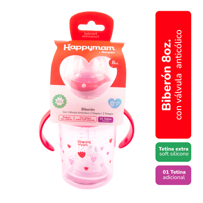 Biber&oacute;n 8oz. + Tetina Happymam Ni&ntilde;a - Frasco 270 ml