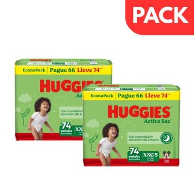 D&uacute;o Pack Pa&ntilde;al Huggies Active Sec EconoPack Talla XXG - Bolsa 74 UN