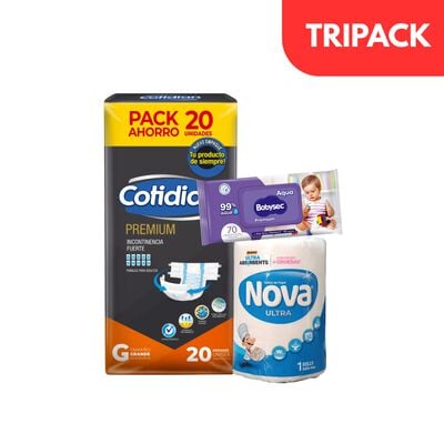 Pa&ntilde;al Cotidian Premium Talla G 20 UN & Toalla Nova & Toallitas H&uacute;medas Babysec Premium - Pack 3 UN