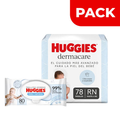 Pa&ntilde;ales Huggies Dermacare Talla RN Bolsa 78 UN & Toallitas H&uacute;medas Huggies Bolsa 80UN - Pack 2UN