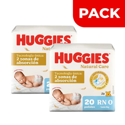 D&uacute;o Pack Pa&ntilde;al Huggies Natural Care Talla R/N - Bolsa 20UN