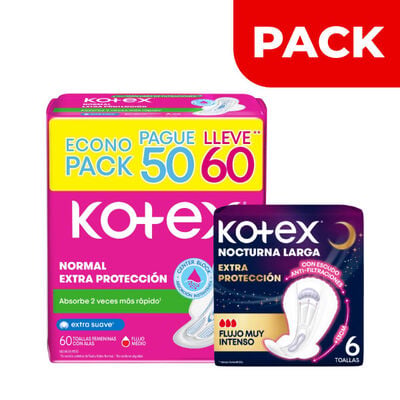 Kotex Toalla Higi&eacute;nica Normal Extra Protecci&oacute;n  60 UN & Nocturnas Largas Kotex 6 UN - Pack 2UN