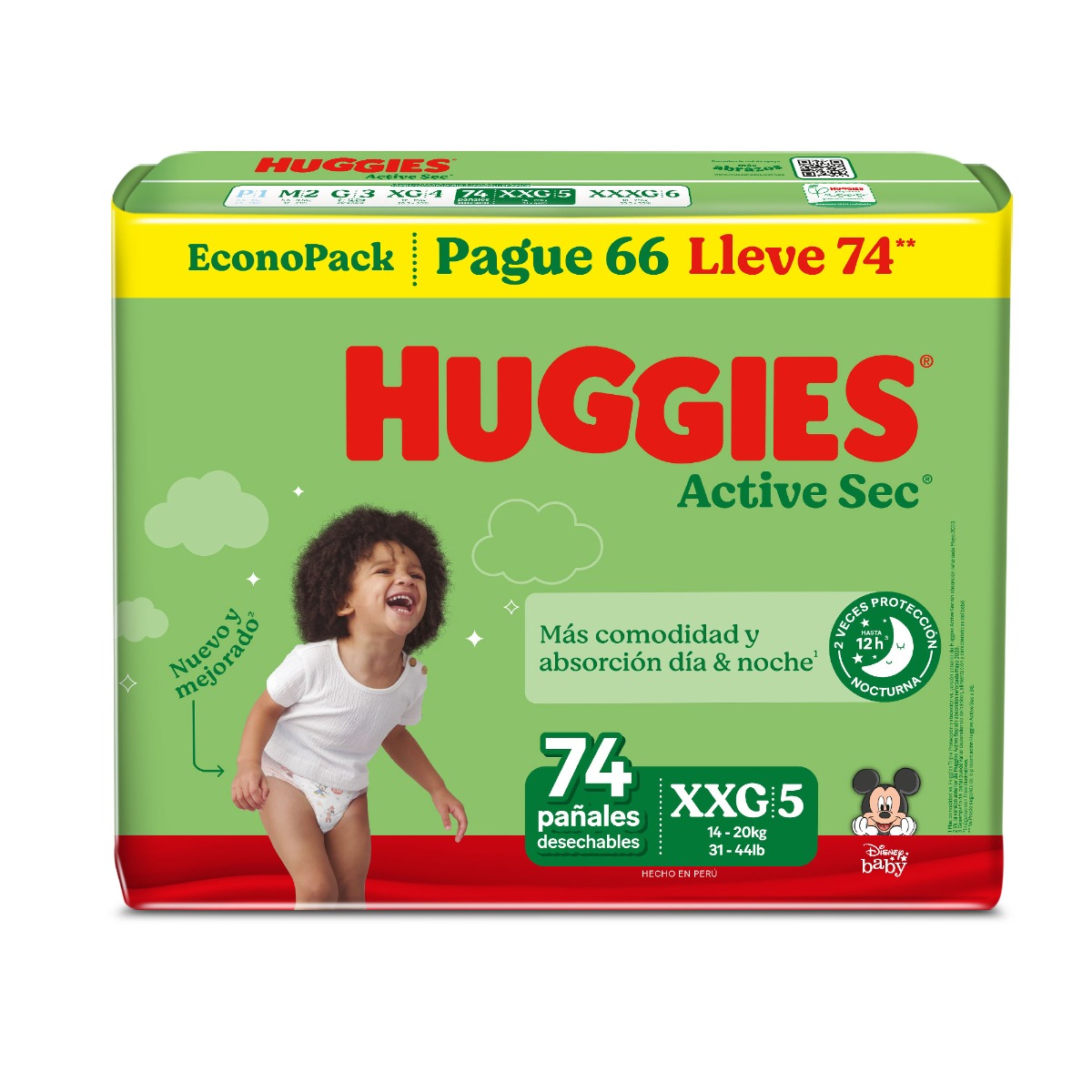 Pa&ntilde;al Huggies Active Sec EconoPack Talla XXG - Bolsa 74 UN, , large image number null