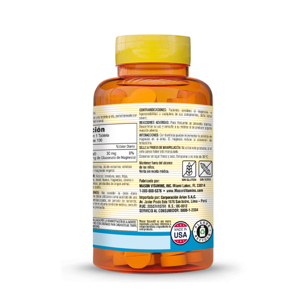 Magnesio Gluconate 550Mg Tabletas - Frasco 100 UN, , large image number null