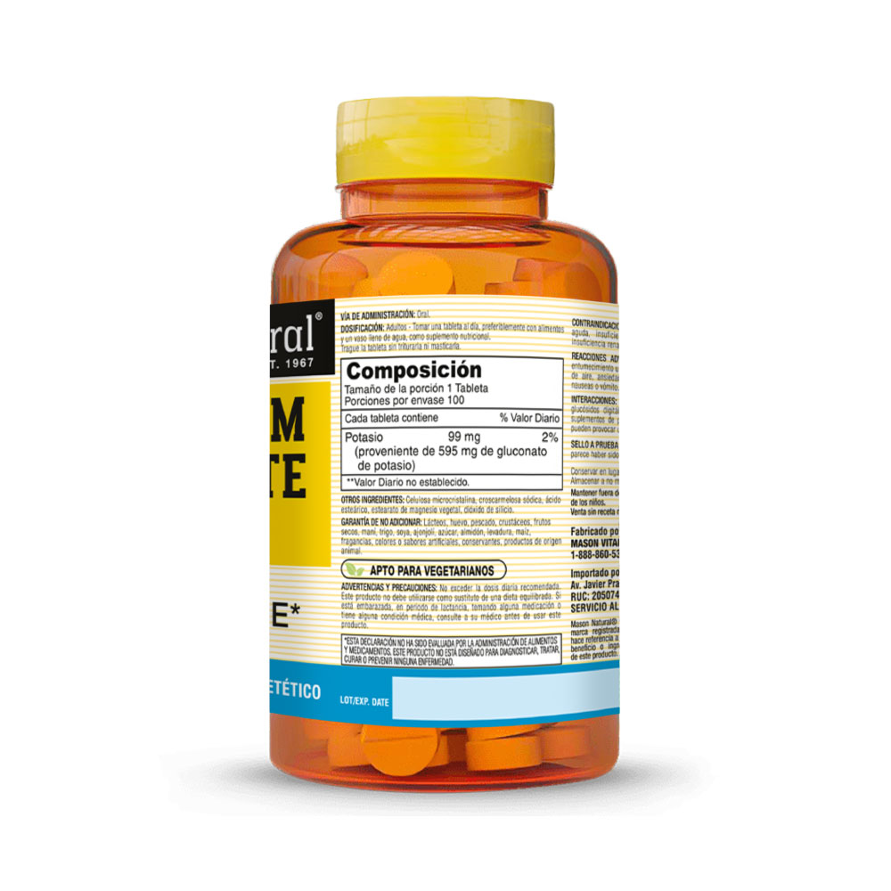 Potassium Gluconate 595 Mg Tabletas - Frasco 100 UN, , large image number null