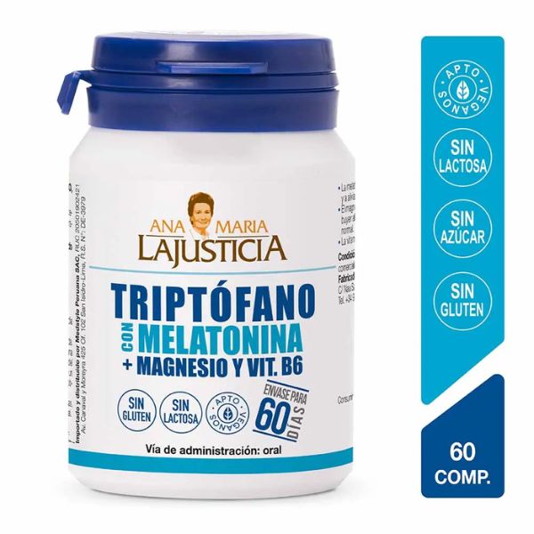 Tript&oacute;fano + Melatonina + Magnesio y Vitamina B6 Comprimidos - Pote 60 UN, , large image number null