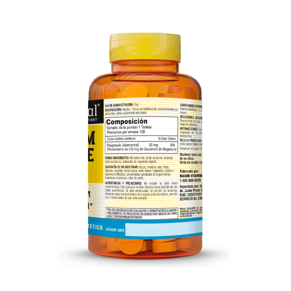 Magnesio Gluconate 550Mg Tabletas - Frasco 100 UN, , large image number null