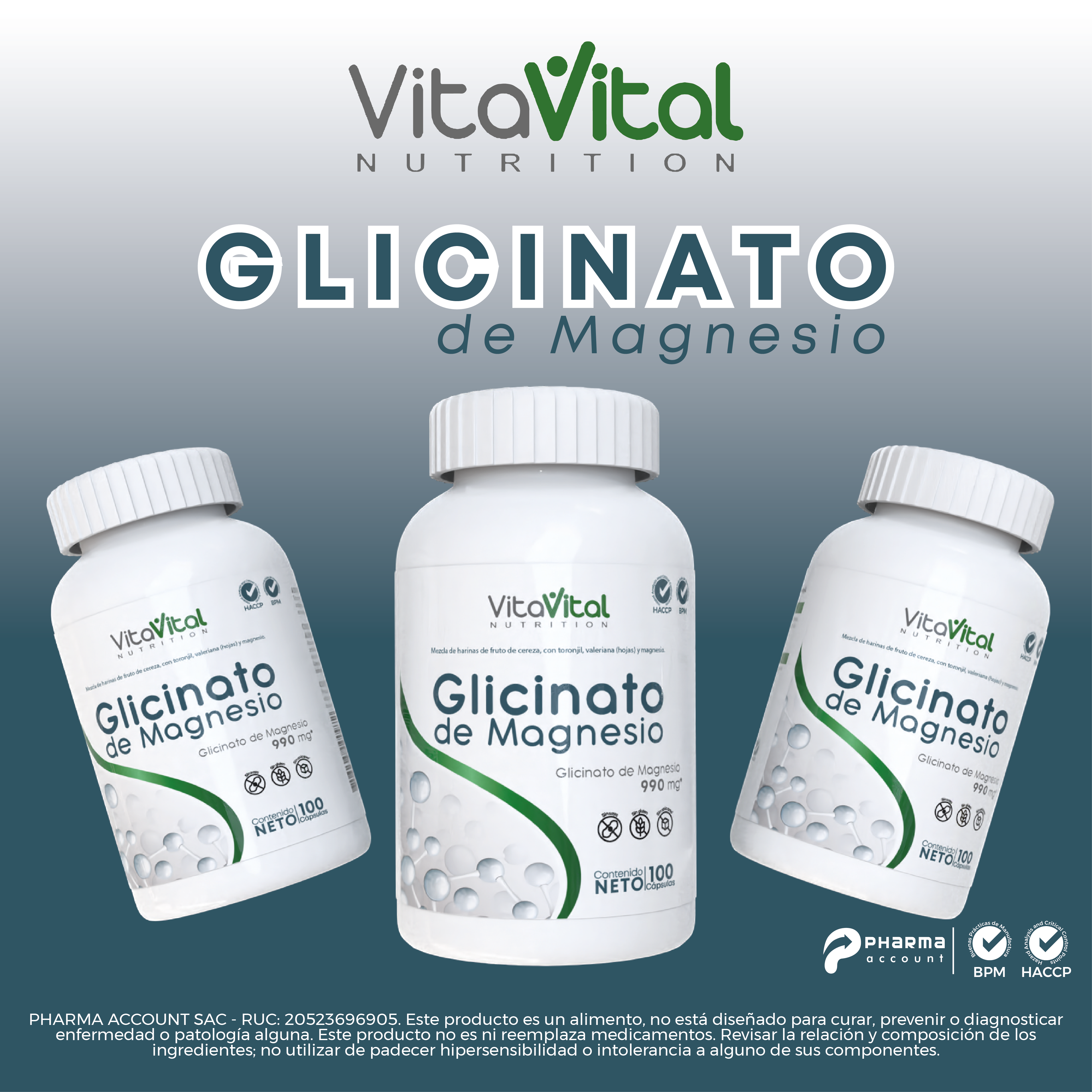 Vita Vital Glicinato De Magnesio C&aacute;psulas &ndash; Frasco 100 UN, , large image number null