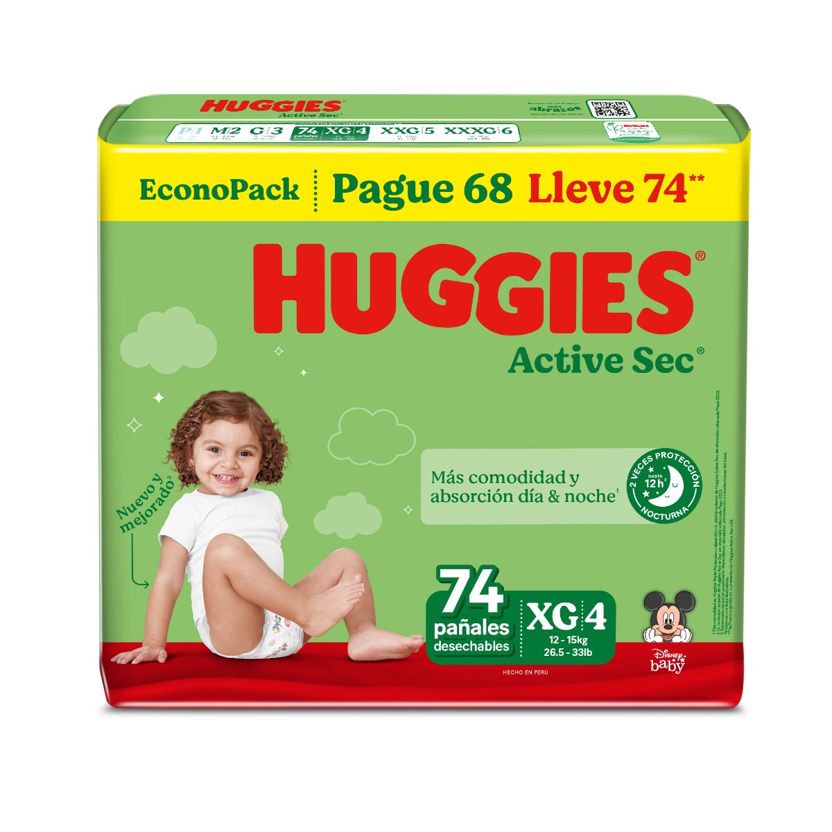 Pa&ntilde;al Huggies Active Sec EconoPack Talla XG - Bolsa 74 UN, , large image number null