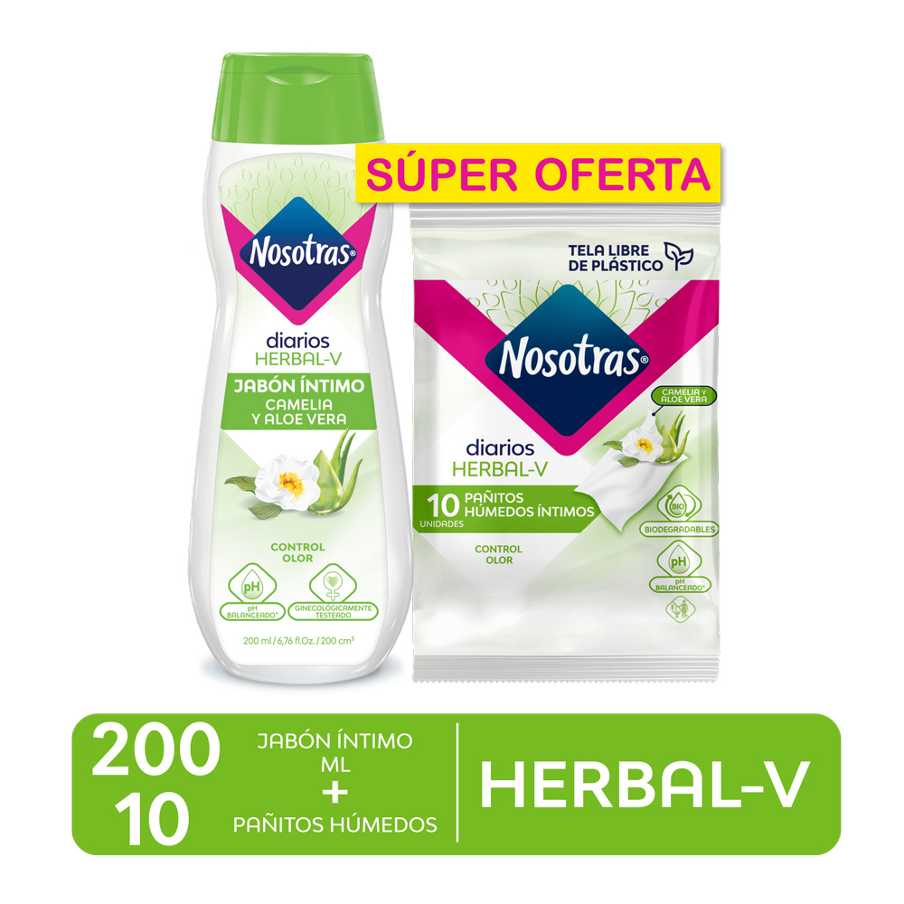 Nosotras Jab&oacute;n Intimo Herbal 200ml + Toallas Humedas - Pack 2 UN, , large image number null