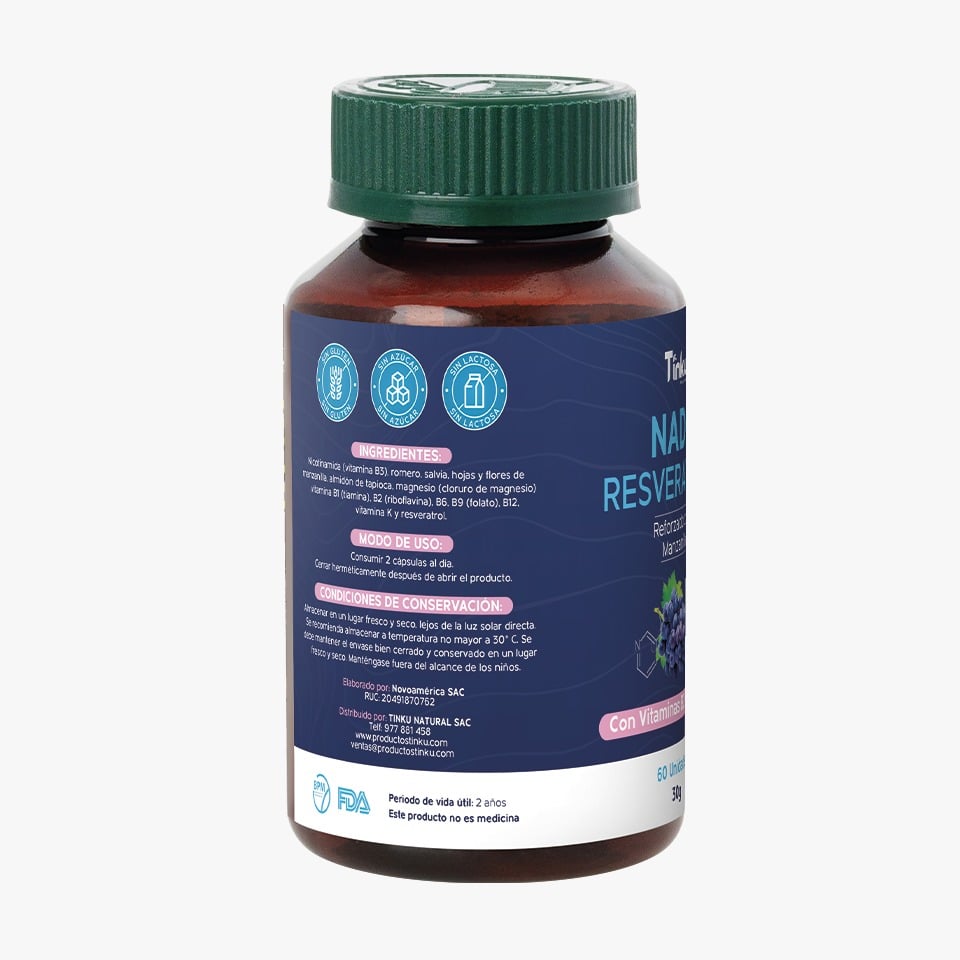 NAD+ Resveratrol C&aacute;psulas - Frasco 60 UN, , large image number null
